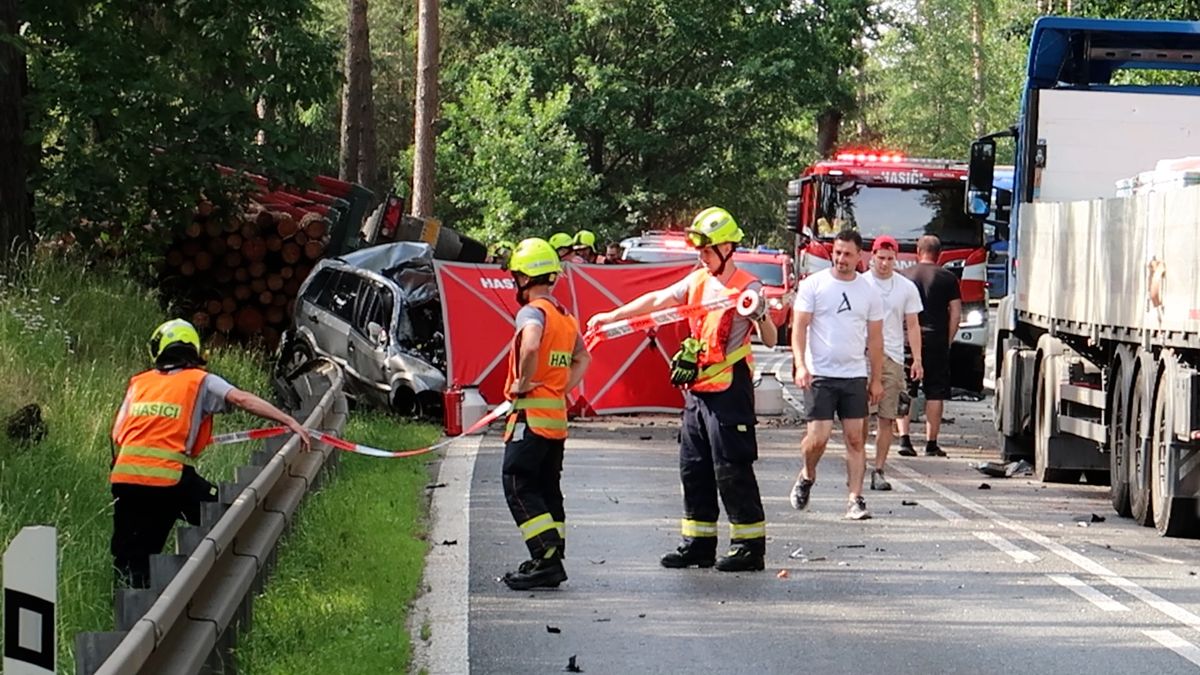 Auto se na Plzeňsku srazilo s kamionem se dřevem, jeden mrtvý